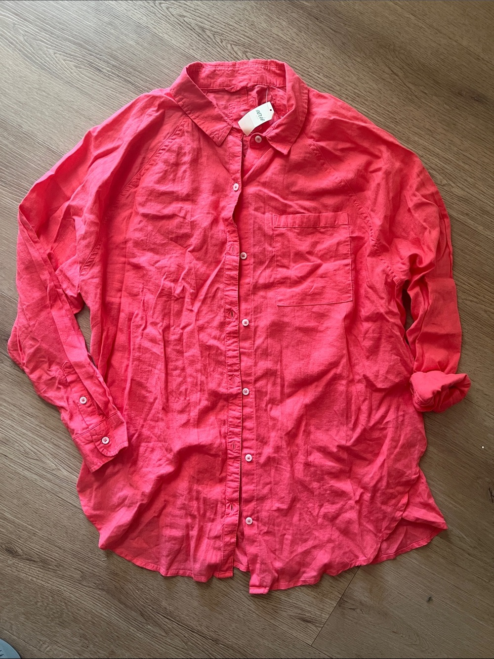 aerie Womens Coral-Red Long Sleeve Button-Down linen blend Shirt